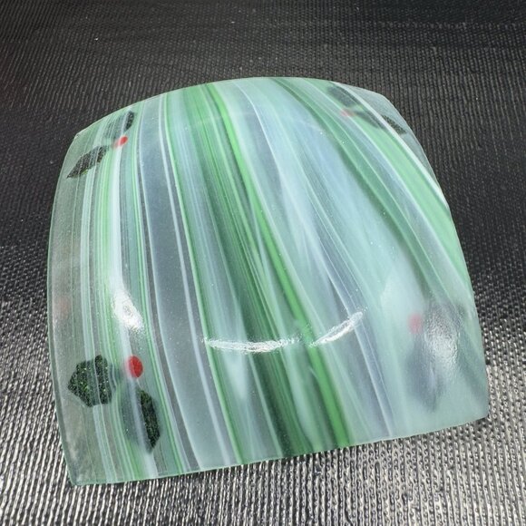 Vintage Fused Art Glass Square Dish Plate White Green Swirl Festive Holiday VTG - Picture 12 of 12